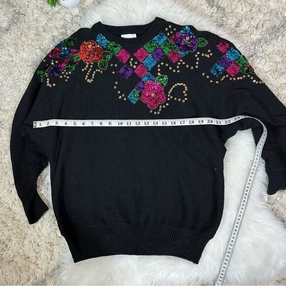 Vibrant vintage Black Sweater with Floral Embellishments - Picture 2 of 7